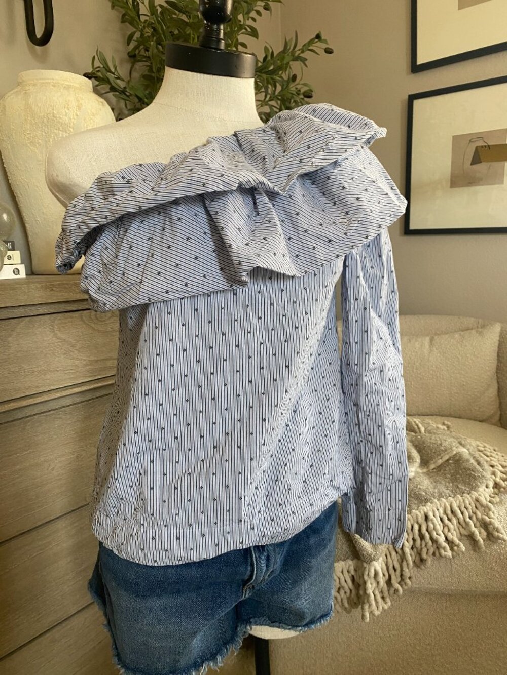Maje | Lelina 100% Cotton Ruffled One Shoulder Top